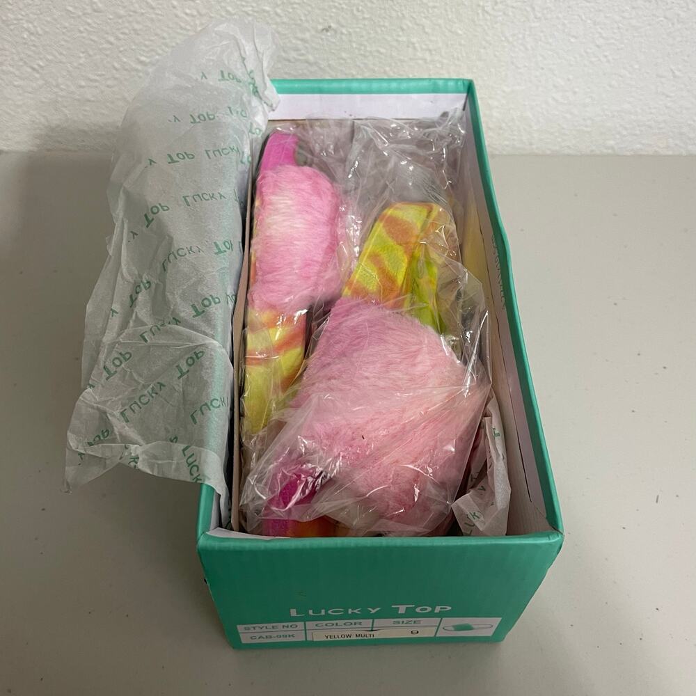 Lucky Top Tie Dye Fur Plush Slides Sz 9 - Picture 3 of 5